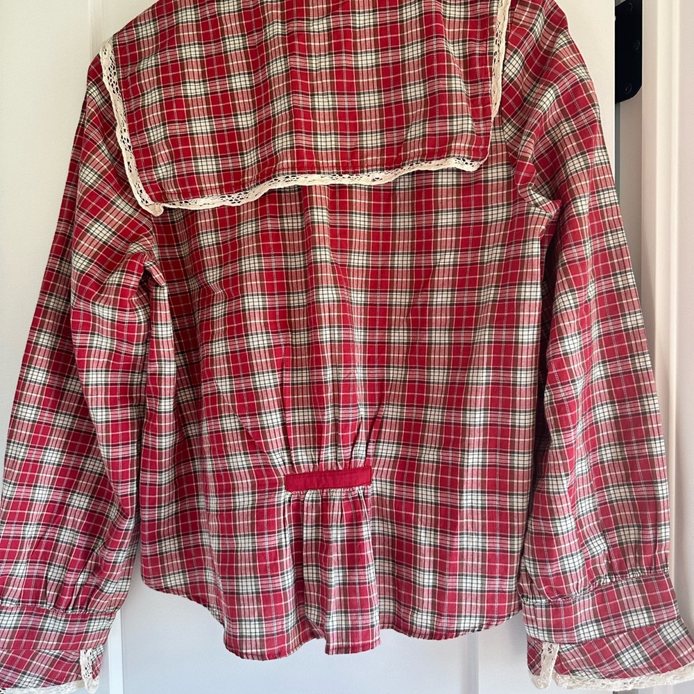 NWOT April Cornell Red Plaid Blouse with Lace Accents